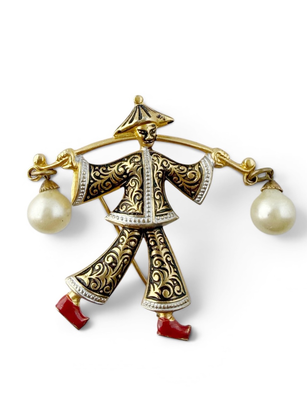 Vintage Toledo Damascene Spain Figural Asian Water Carrier Man Faux Pearl Brooch